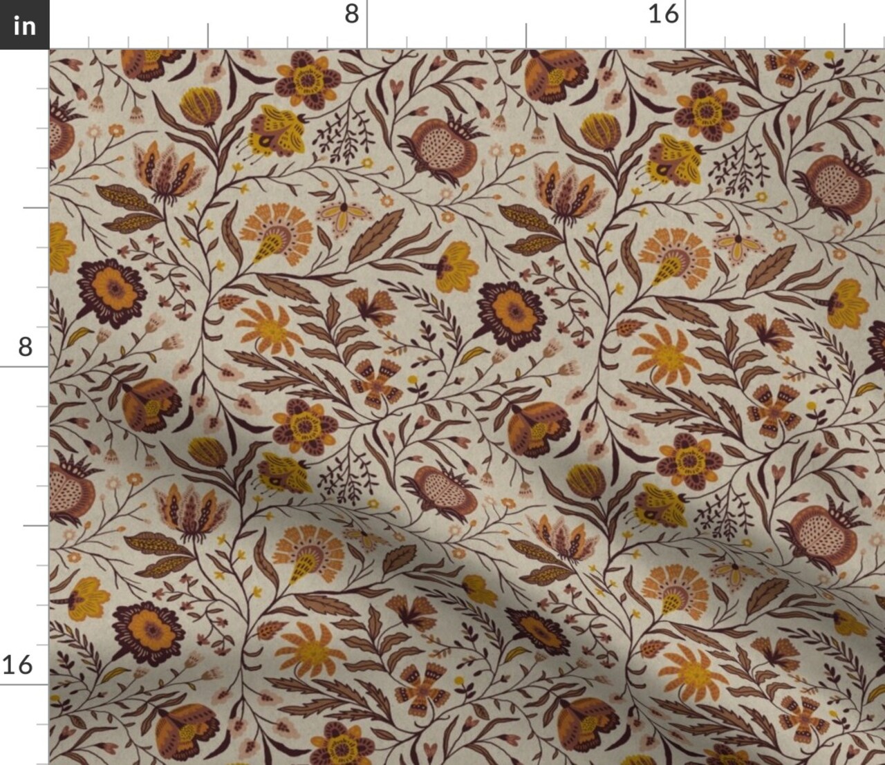 Bohemian Botanical Floral Garden Florals Climbing Vines Boho Leaves Petals Small Scale Hand Drawn Warm Tones Autumn Floral Eclectic Brown Custom Printed Fabric by Spoonflower Various Fabrics by the Yard or Fat Quarter